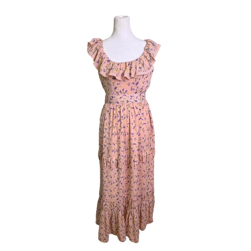Free the Roses XS Pink Floral Ruffle Maxi Dress Cottagecore Boho Tiered Sundress